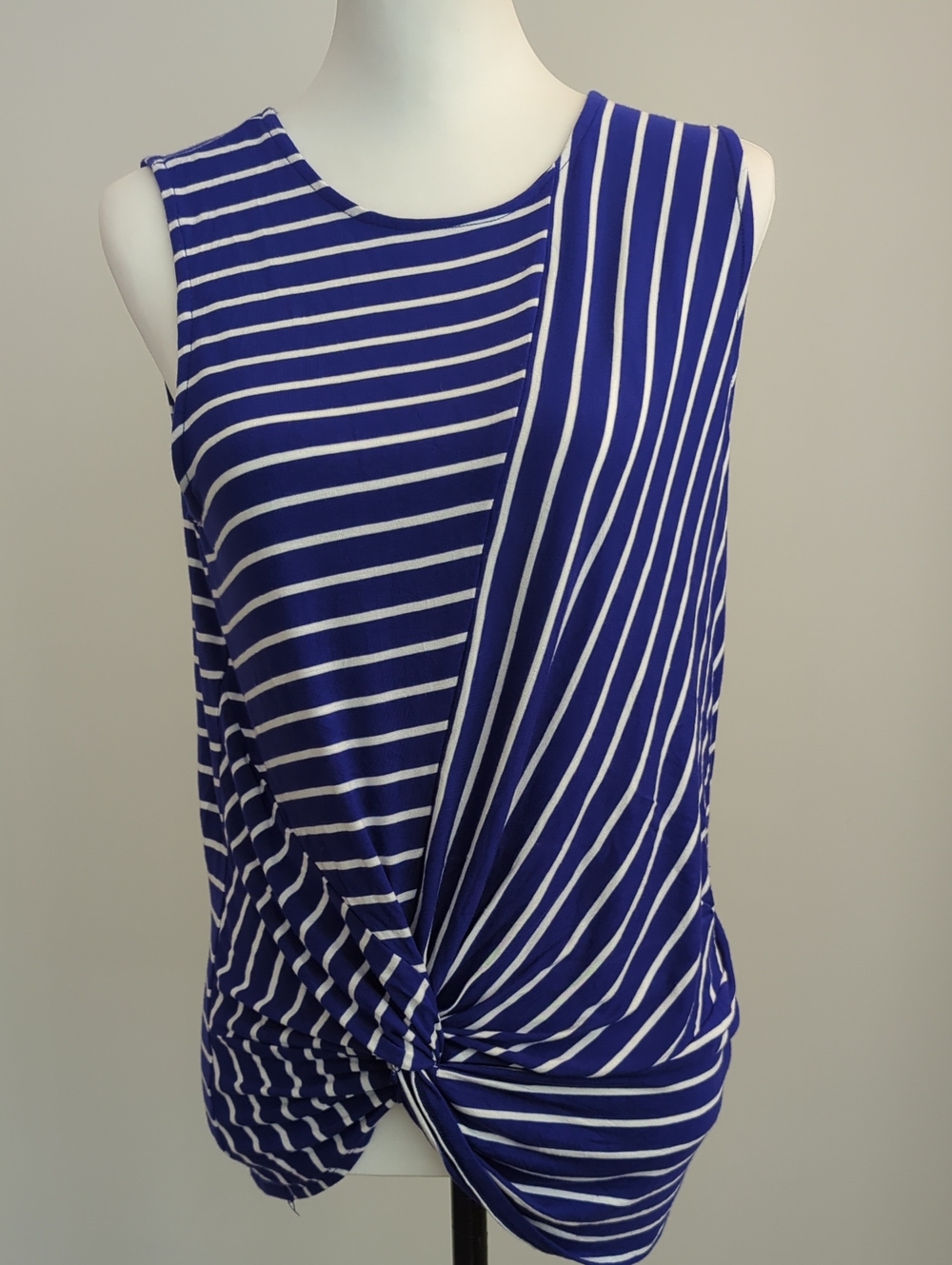 Zenana Striped Knot Front Tank Top Sleeveless Blue White Asymmetrical LARGE